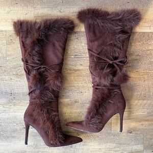 Fashion Nova Brown Faux Fur Pom Pom Heeled Boots